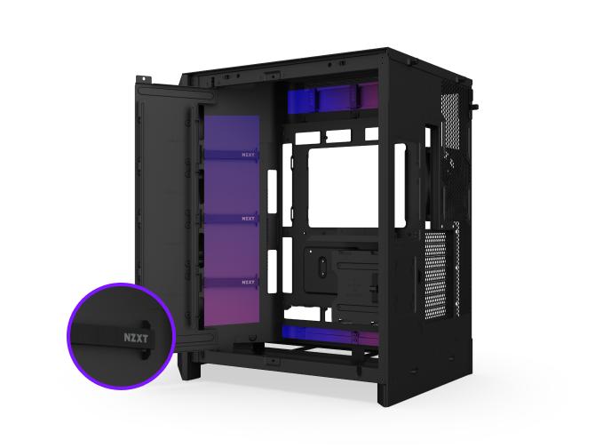 A black NZXT computer case with its side panel open, revealing an empty interior and highlighted mounting areas. A circular inset zooms in on an internal NZXT-branded strap.