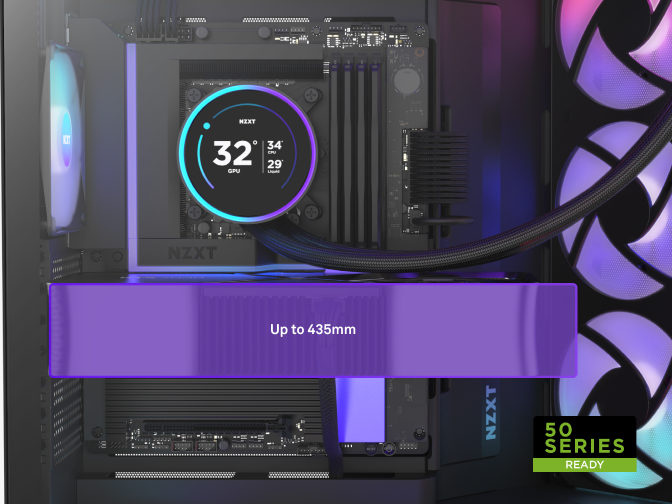 Close-up of a computers interior showing an NZXT-branded cooler with a digital display reading 32°C GPU. Purple overlay text reads Up to 435mm. Bottom right has a green label: 50 Series Ready.