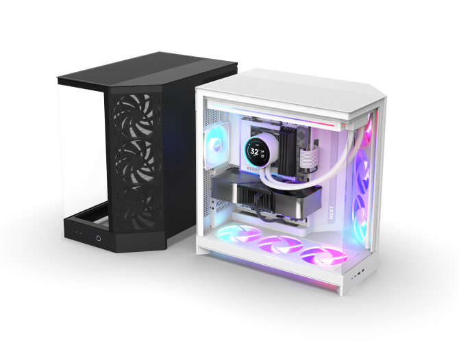 Two computer towers: one black with a transparent side panel showing fans, and one white with a clear panel revealing RGB-lit components, liquid cooling, and a digital display inside.