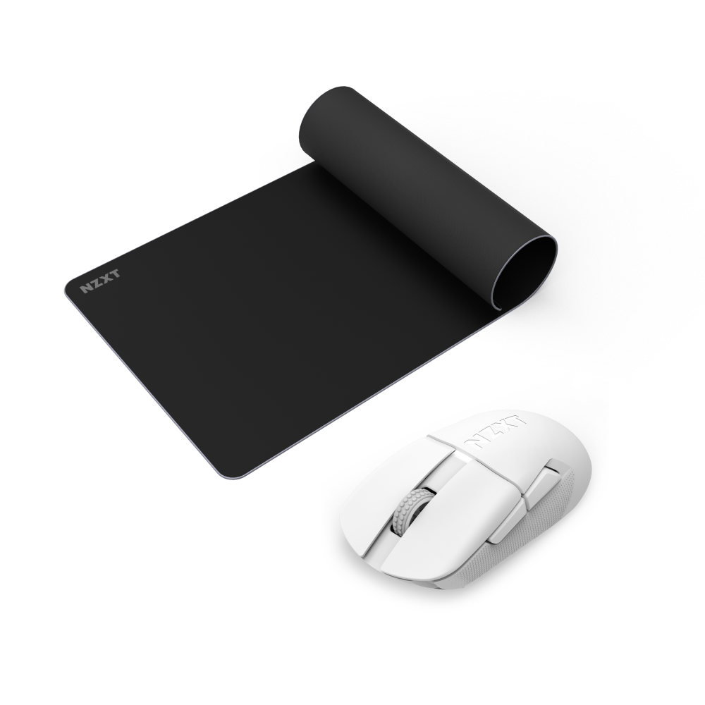 An NZXT Lift Elite white wireless ultra-light mouse sits beside a partially unrolled NZXT Zone Elite XXL black mouse pad on a white background.