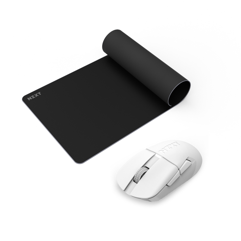 An NZXT Lift Elite white wireless ultra-light mouse sits beside a partially unrolled NZXT Zone Elite XXL black mouse pad on a white background.