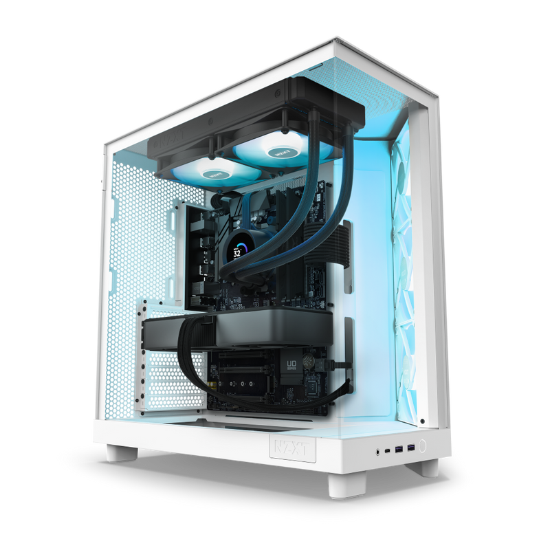 The NZXT Refurbished Player Two Prime - #8701 is a white gaming PC with a transparent side panel, RGB lighting, liquid cooling, premium components like a large GPU and multiple fans—perfect for those seeking elite Certified Refurbished Gaming PCs.