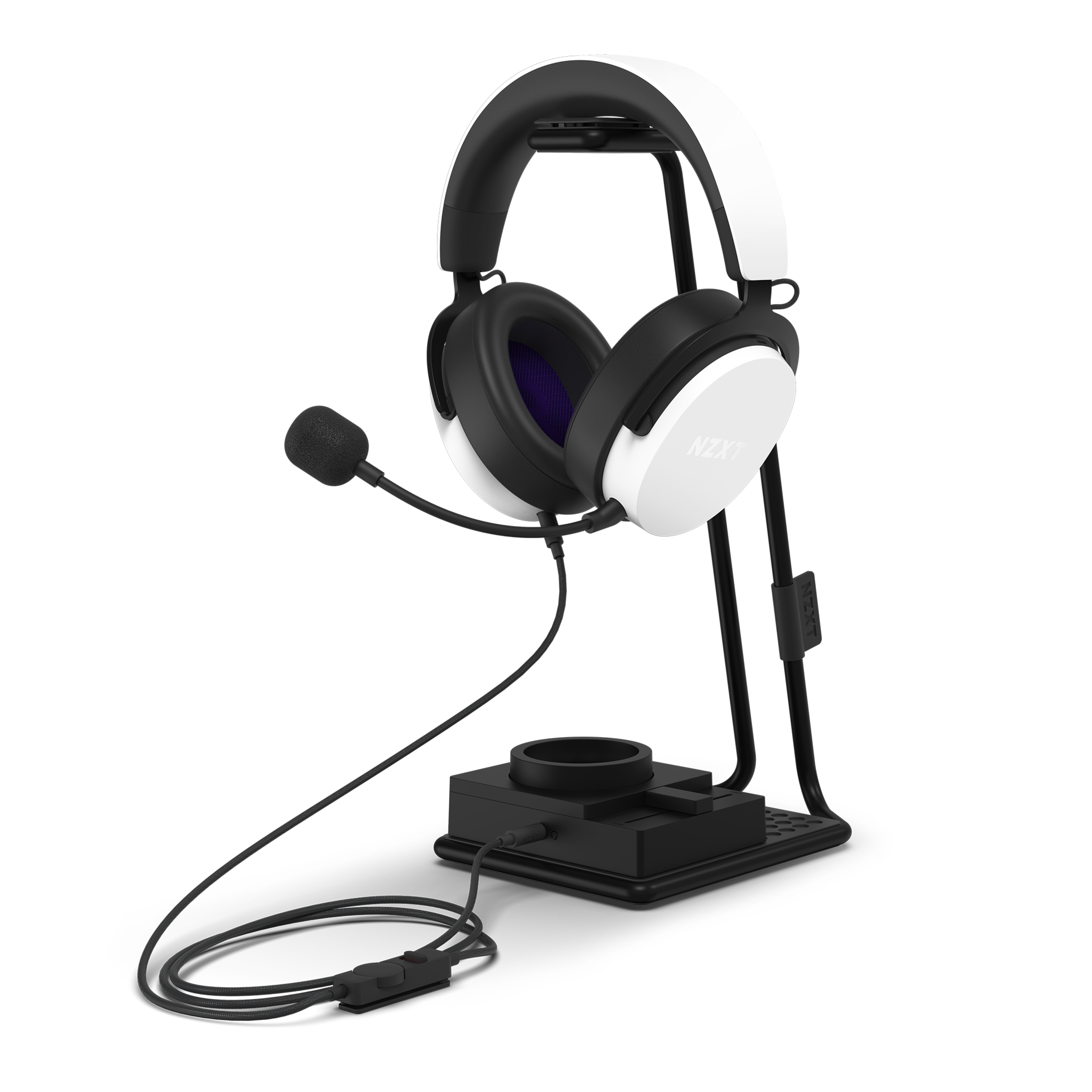 The NZXT Relay Headset + SwitchMix in black and white includes a microphone, high-resolution audio, and rests on a black stand with a built-in charging dock and cable management for an immersive gaming experience.