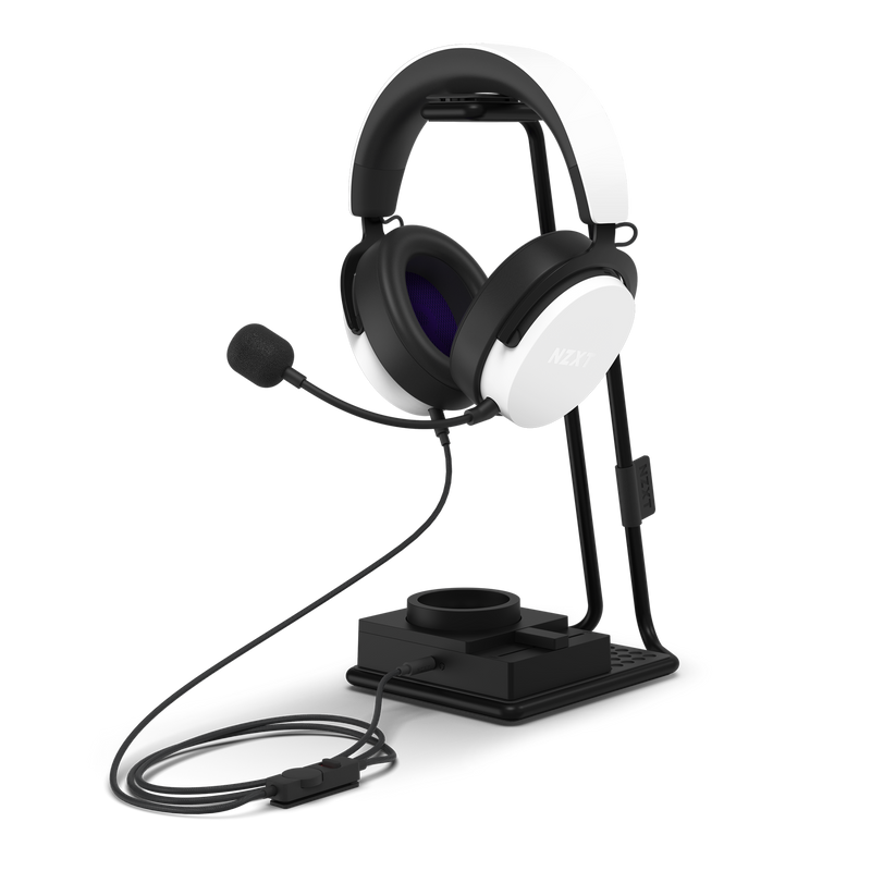 The NZXT Relay Headset + SwitchMix in black and white includes a microphone, high-resolution audio, and rests on a black stand with a built-in charging dock and cable management for an immersive gaming experience.