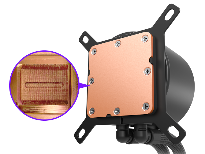 A close-up view of a CPU liquid cooler’s copper baseplate, with an inset zoom highlighting the microfin structure for improved heat dissipation. The baseplate is mounted to a black bracket.