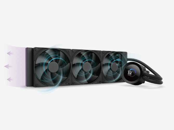 A triple-fan liquid CPU cooler with airflow shown by arrows, connected to a circular display pump unit showing temperature, set against a white background.