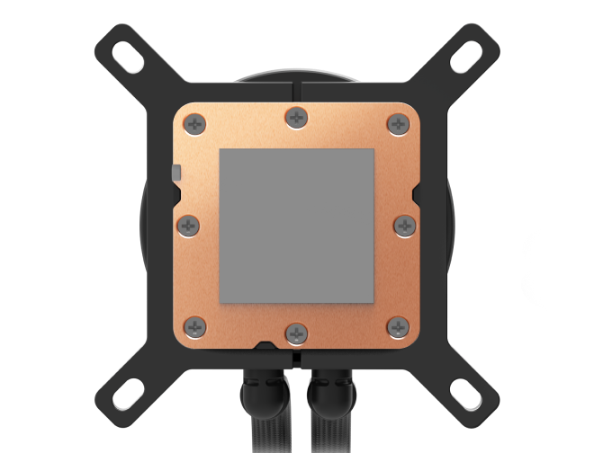 Close-up of a computer CPU liquid cooler pump block with a copper base plate, four mounting arms, visible screws, and two black tubes extending from the bottom.