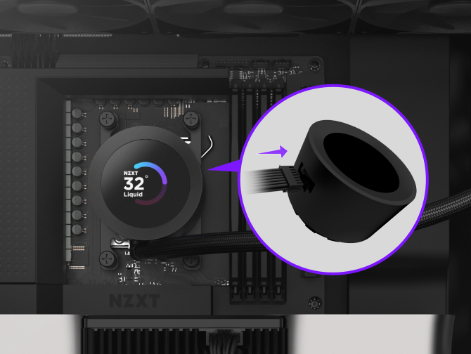 A close-up of a computer motherboard with an NZXT liquid cooling system installed. An inset highlights the removal of a magnetic display cap from the circular cooler, showing the connector pins.