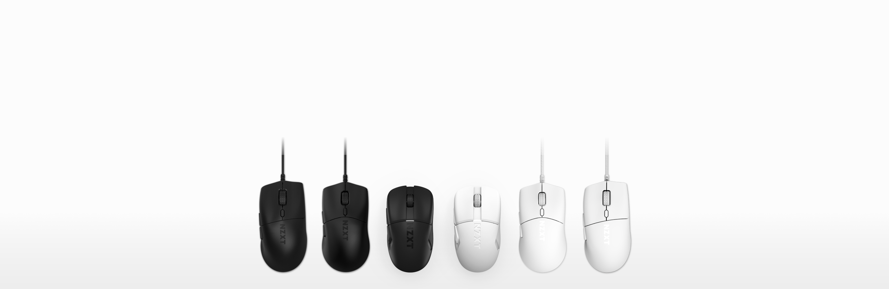 Five wired computer mice are lined up side by side on a white surface. The two on the left are black, the one in the middle is dark gray, and the two on the right are white.