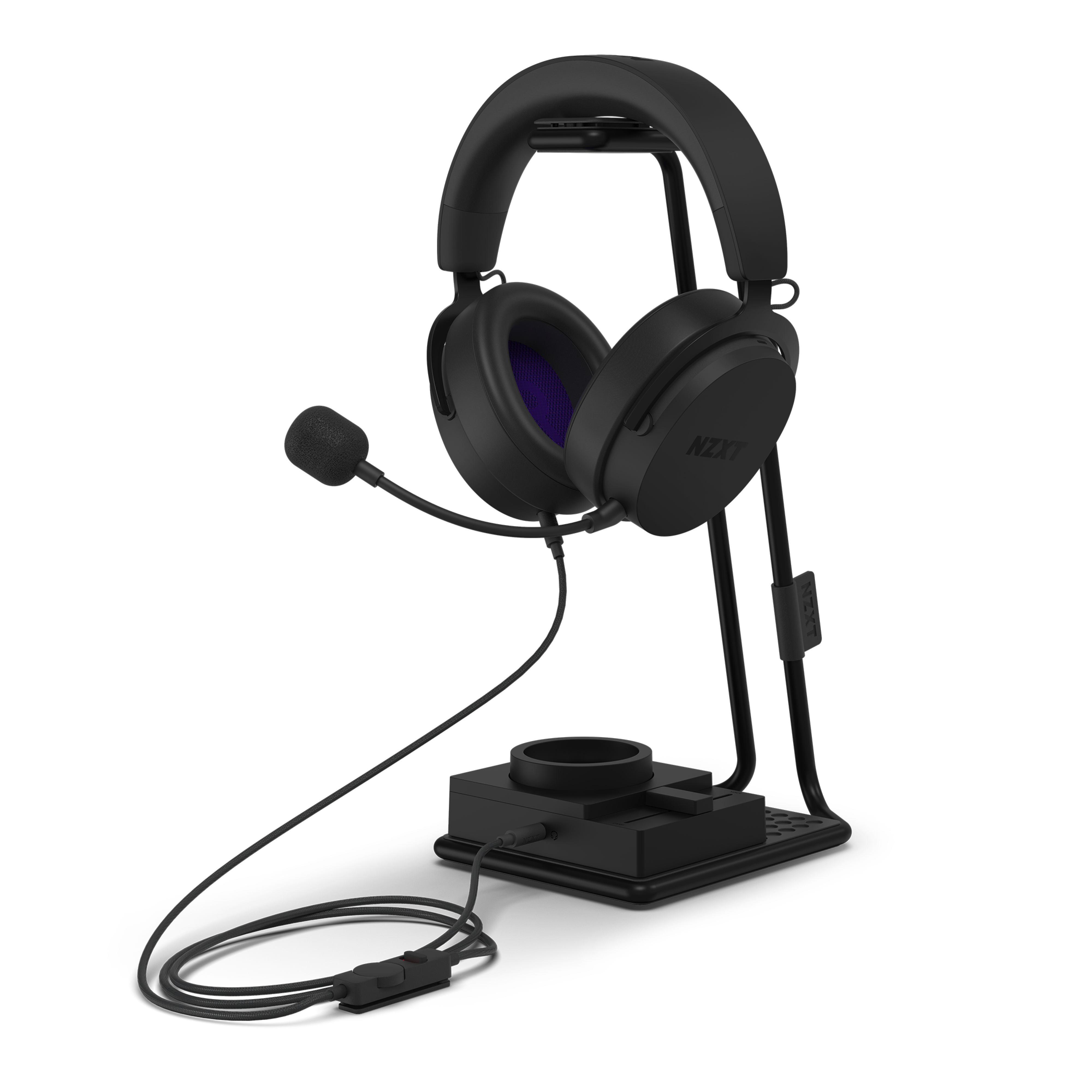 The NZXT Relay Headset + SwitchMix features a black wired over-ear gaming headset with a microphone, delivering high-resolution audio, and comes with a matching stand that includes extra compartments for accessories.