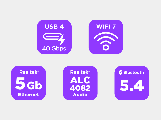 Icônes de connectivité de la carte mère NZXT N9 X870E : réseau, USB, audio et Bluetooth.