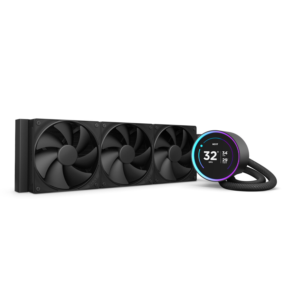 The NZXT Kraken Elite 360 is a computer liquid cooling system featuring three black radiator fans, a circular CPU pump with a digital display for temperature and fan speed, braided tubing, and an RGB ring.