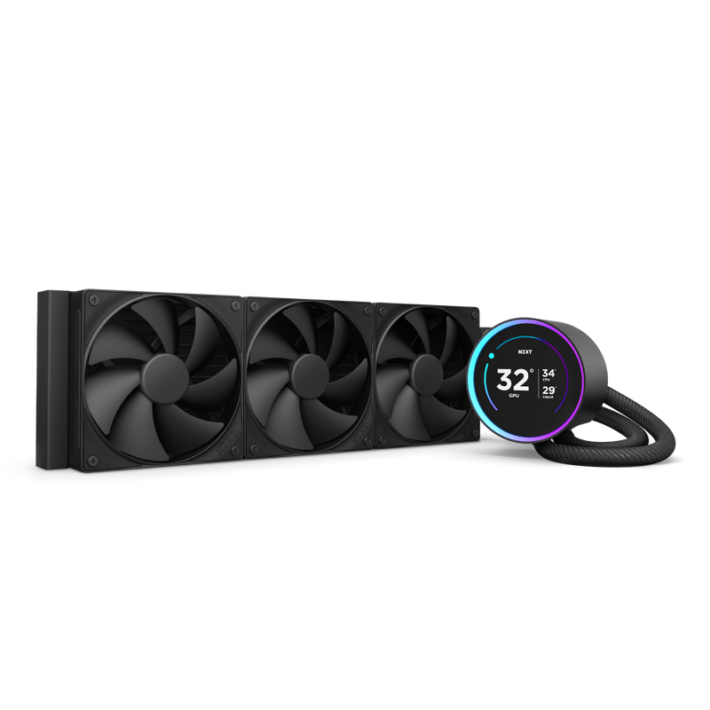 The NZXT Kraken Elite 360 is a computer liquid cooling system featuring three black radiator fans, a circular CPU pump with a digital display for temperature and fan speed, braided tubing, and an RGB ring.