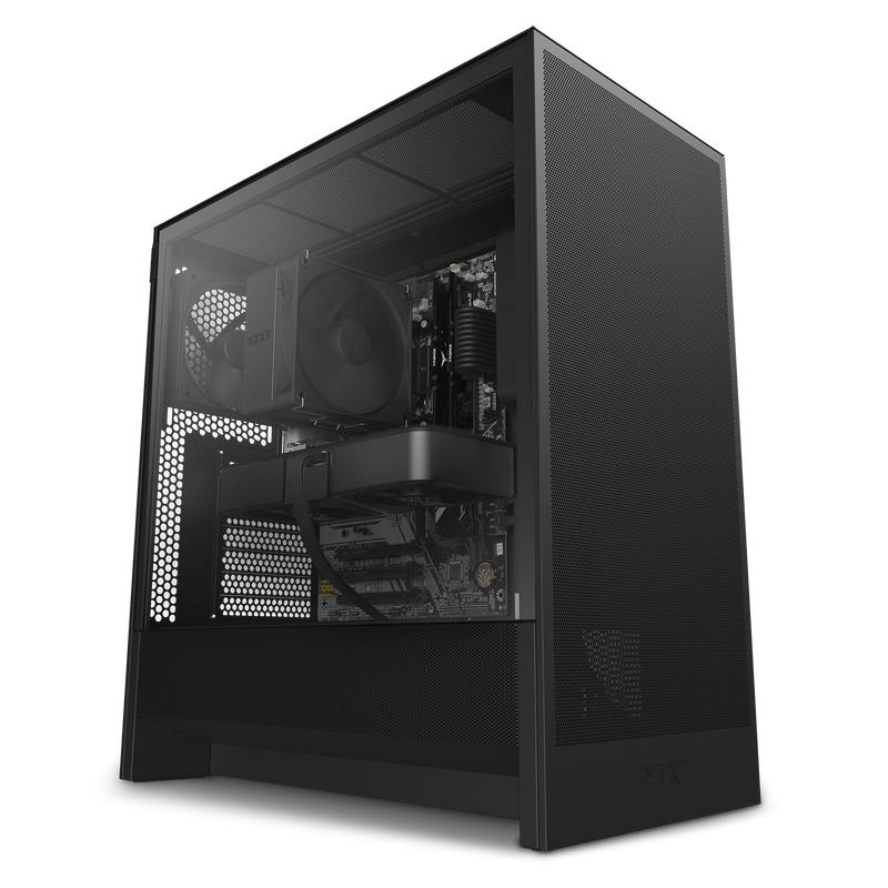 The NZXT Refurbished Player One Base - #8696 is a black prebuilt PC with transparent side panel, displaying its large fan, motherboard, and graphics card. Set against a white background. Includes 2-year warranty for peace of mind.