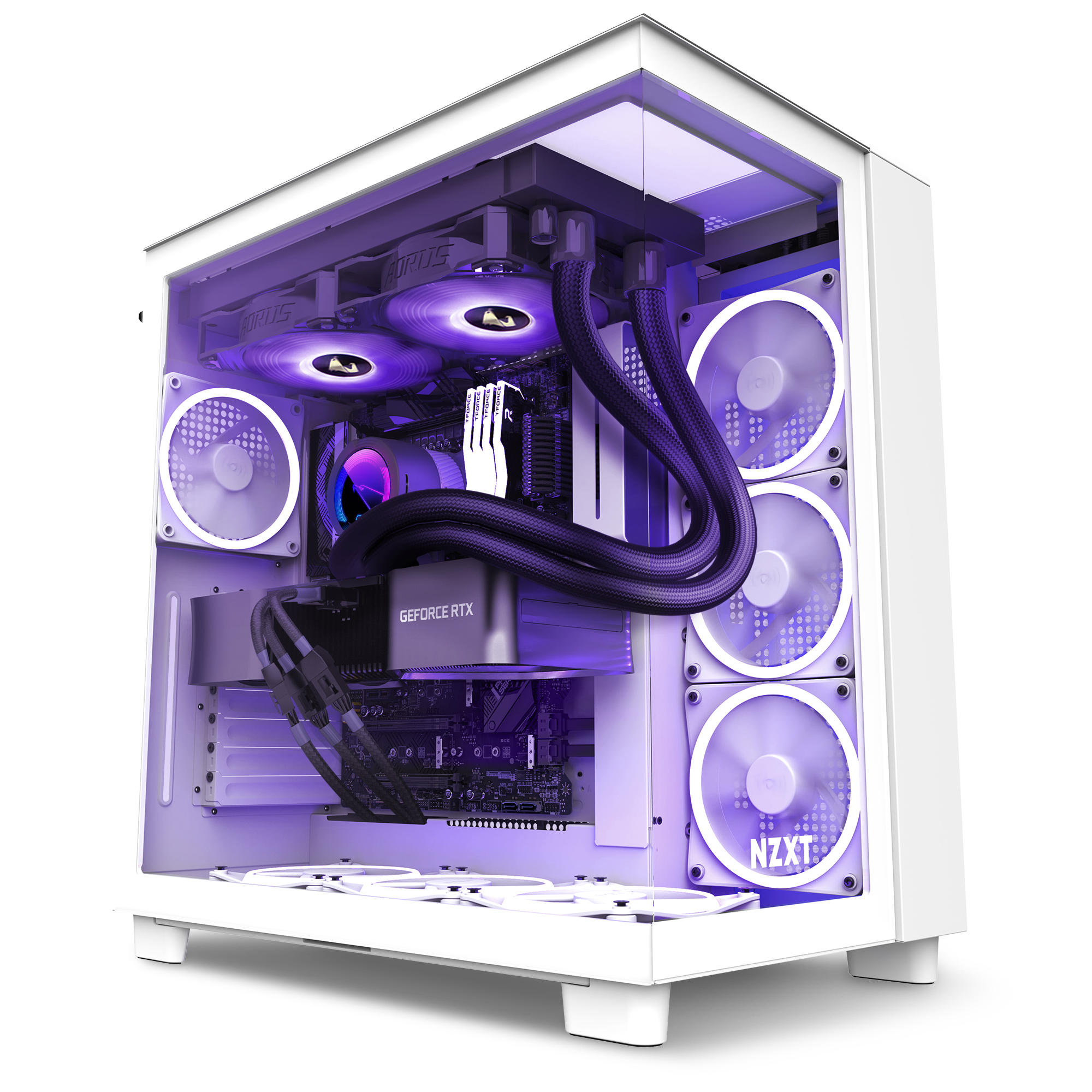 The Refurbished Player Three Prime - #8410 by NZXT is a white gaming PC with a transparent side panel, purple LED fans, liquid cooling tubes, and a GeForce RTX graphics card in a sleek case—plus a 2-year warranty.