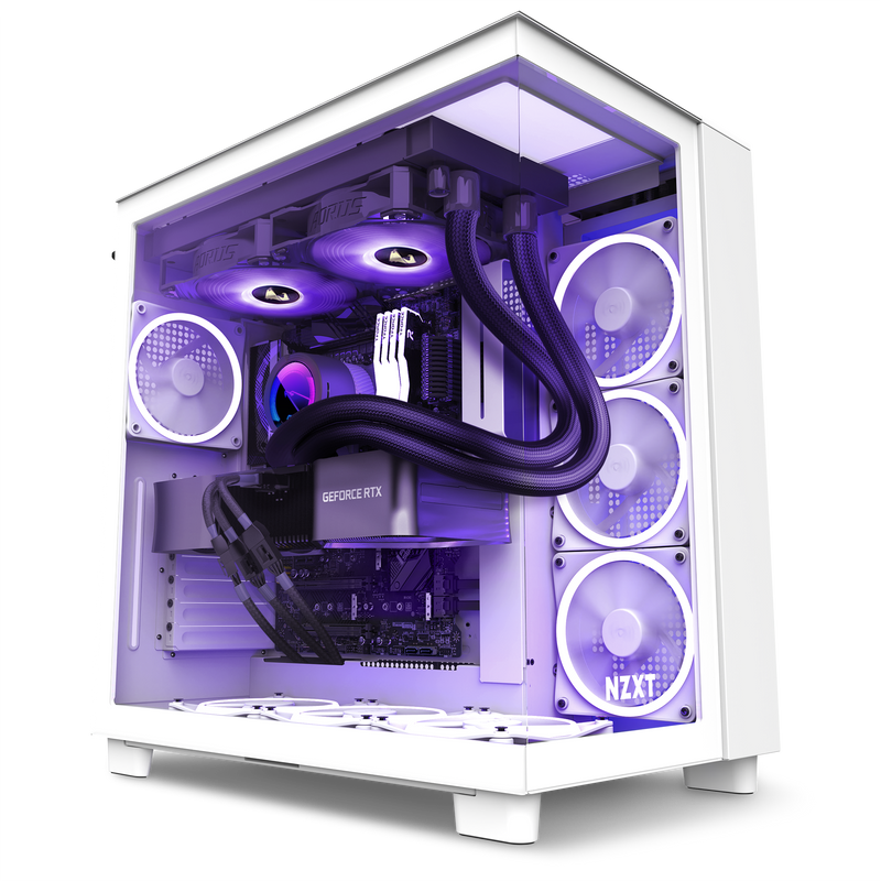 The Refurbished Player Three Prime - #8646 by NZXT is a white prebuilt PC with a transparent side panel showing RGB-lit fans, a GeForce RTX graphics card, liquid cooling, purple lighting, and includes a 2-year warranty.