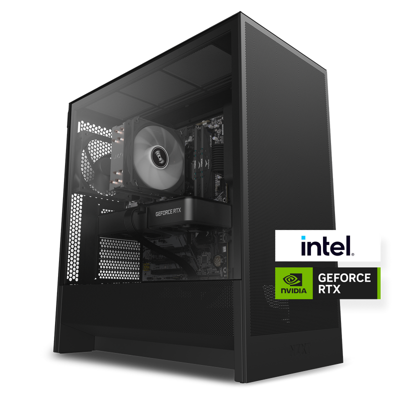 The NZXT Player One Prime is a sleek black gaming desktop with a transparent side panel, featuring an Intel processor and NVIDIA GeForce RTX 5060 Ti graphics—ideal for top-tier 1080p gaming. Intel and NVIDIA GeForce RTX logos are shown next to the system.