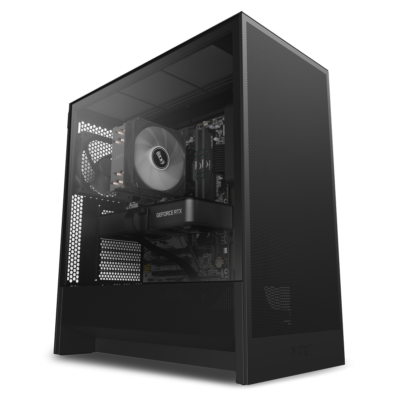 The NZXT Player One Prime is a sleek black gaming PC tower with a transparent side panel, mesh front for ventilation, a large cooling fan, and an NVIDIA GeForce RTX 5060 Ti—ideal for high-refresh gaming.