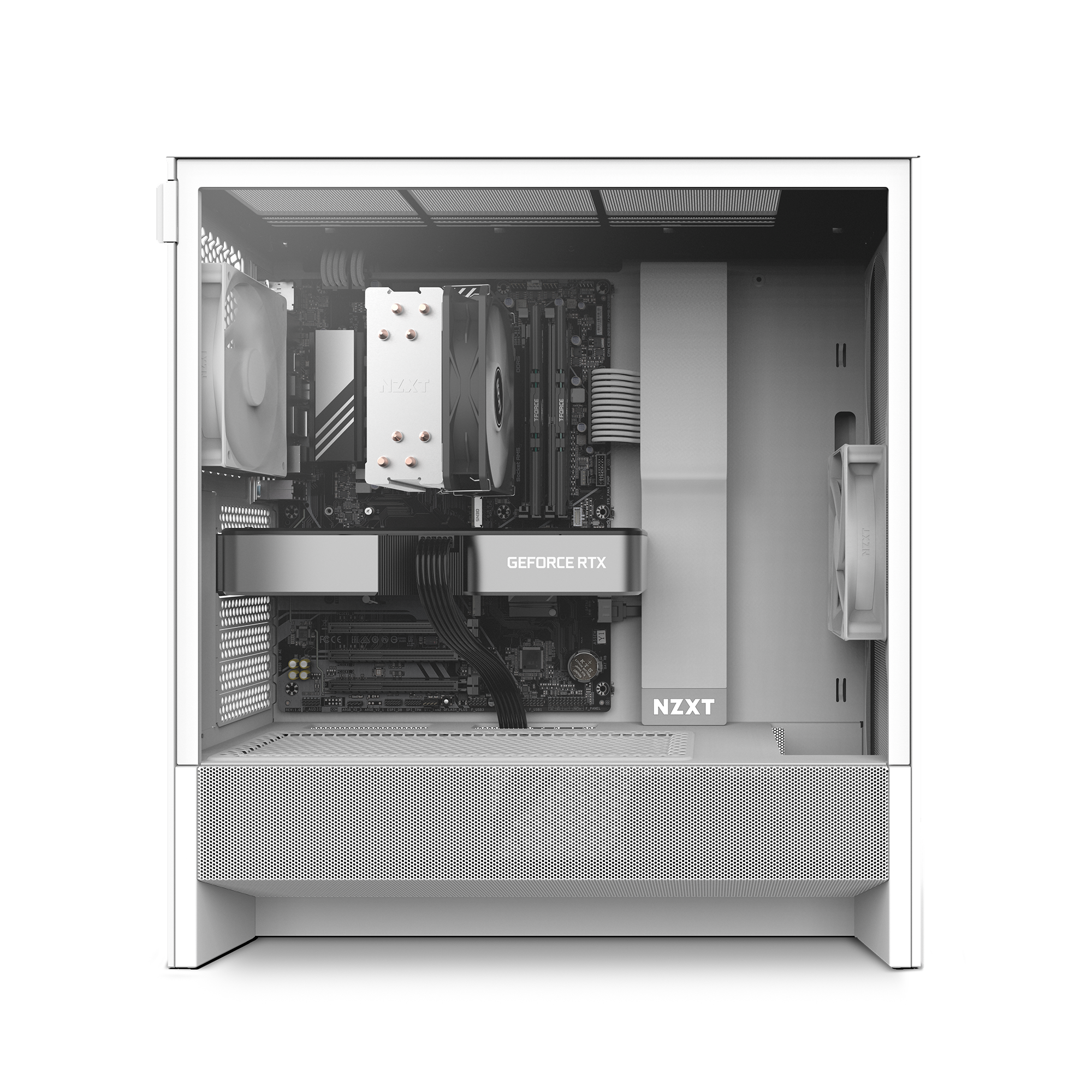 A side view of the NZXT Player One Prime, a white 1080p gaming PC case with transparent panel, showcasing an NVIDIA GeForce RTX 5060 Ti, NZXT branding, cooling fans, and a large CPU cooler—ideal for high-refresh gaming desktops.