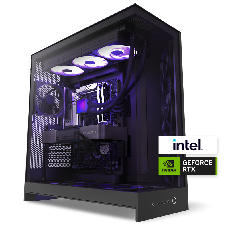 The NZXT Flex Three Subscription PC is a high-performance desktop gaming rig with a transparent glass side panel, RGB lighting, liquid cooling, Intel branding, and an NVIDIA GeForce RTX graphics card—all glowing with vibrant purple lights.