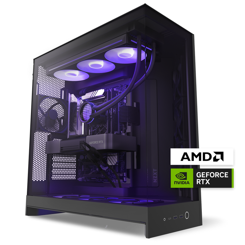 The NZXT Player Three is a sleek, high-performance gaming PC with purple LED lighting, visible cooling fans and cables, and a graphics card—perfect for 4K gaming. AMD and NVIDIA GeForce RTX 5080 logos appear in the lower right corner.