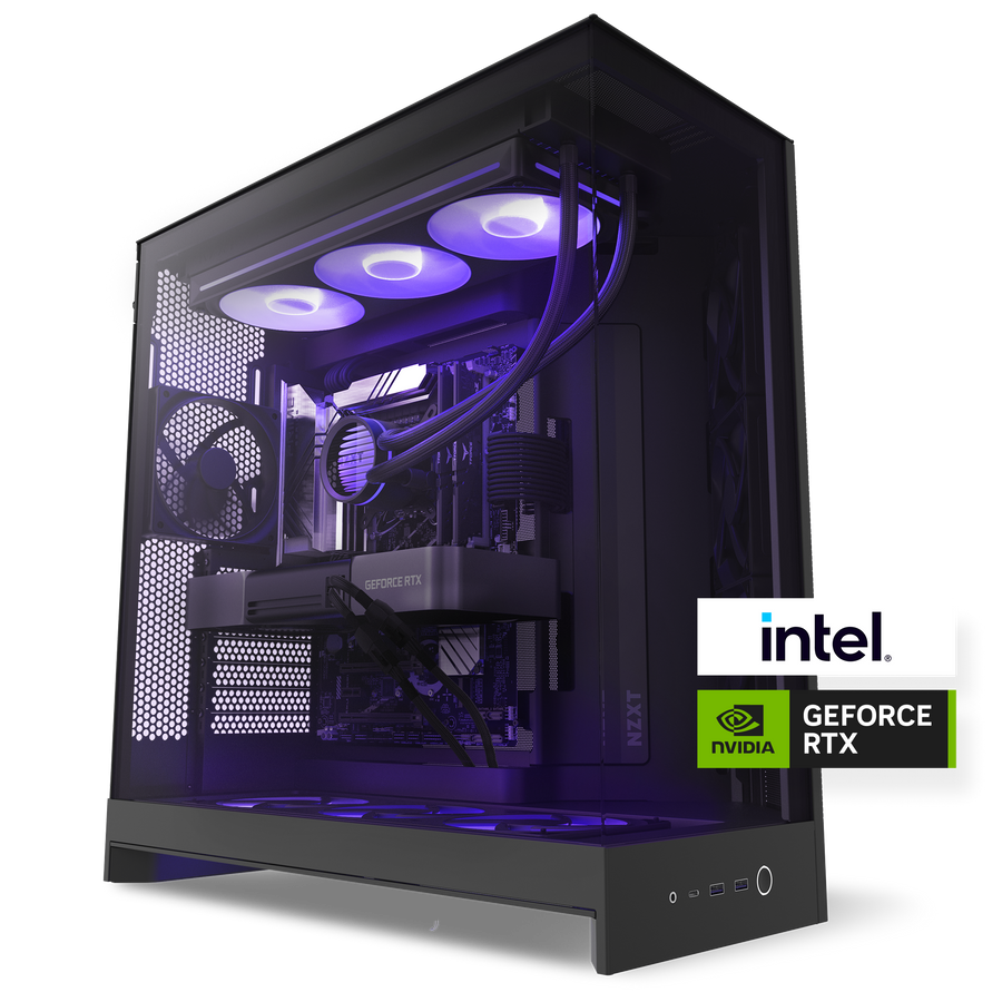 The NZXT Player Three is a high-performance black gaming PC with purple LED lighting, liquid cooling, and visible components. Optimized for 4K gaming, it features NVIDIA GeForce RTX 5080 and Intel logos in the corner.
