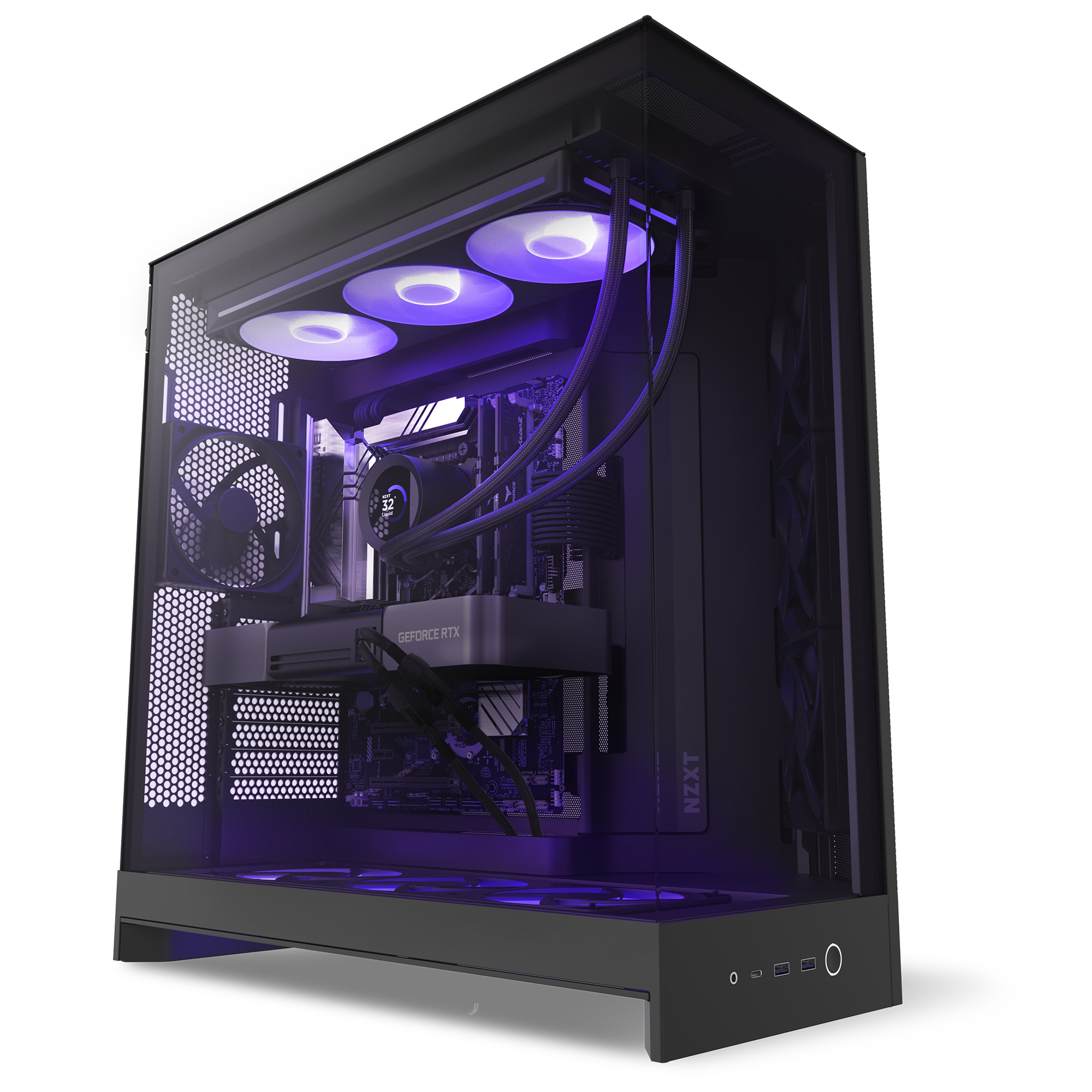The NZXT Player Three Prime is a sleek black gaming PC with a transparent side panel, showcasing RGB-lit fans, liquid cooling, and an RTX 5090—purple lighting enhances your ultimate 4K gaming experience.