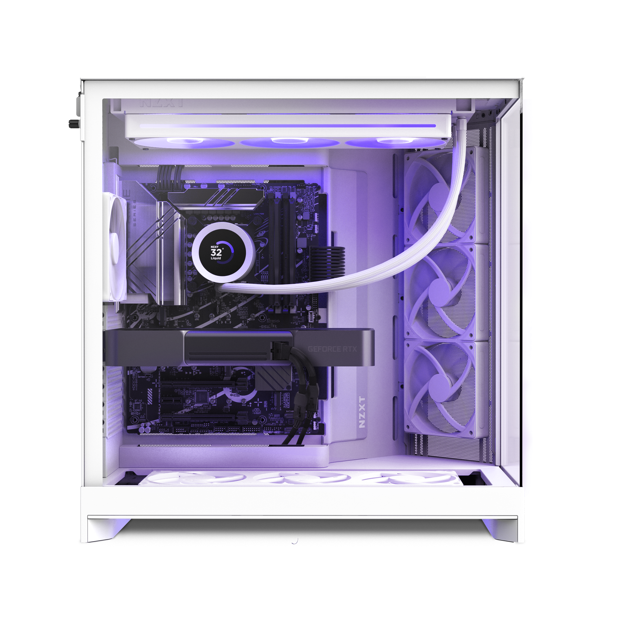 The NZXT Player Three Prime is a white 4K gaming PC tower with a transparent side panel, RTX 5090 graphics, high-performance cooling fans, and LED lighting that emits a striking purple glow.