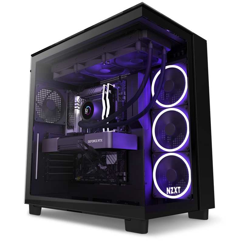 The NZXT Refurbished Custom Build - #8699 is a black gaming PC with purple LED lighting, visible cooling fans, a GeForce RTX graphics card, and an NZXT logo on the tempered glass front panel.