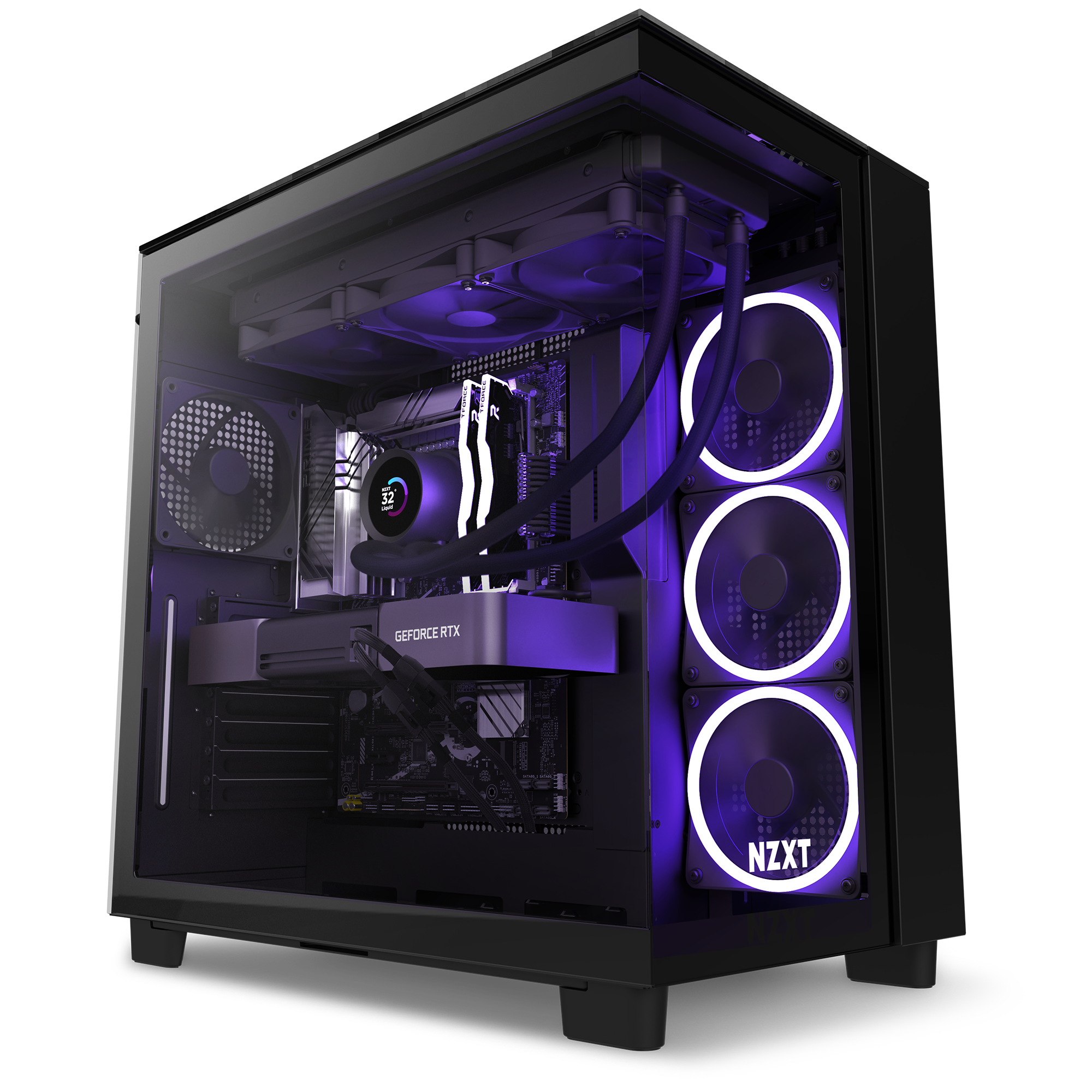 The Refurbished Custom Build - #8645 by NZXT is a black prebuilt gaming PC with a transparent side panel, purple LED lighting, three front fans, a graphics card, liquid cooling tubes, and comes with a 2-year warranty.