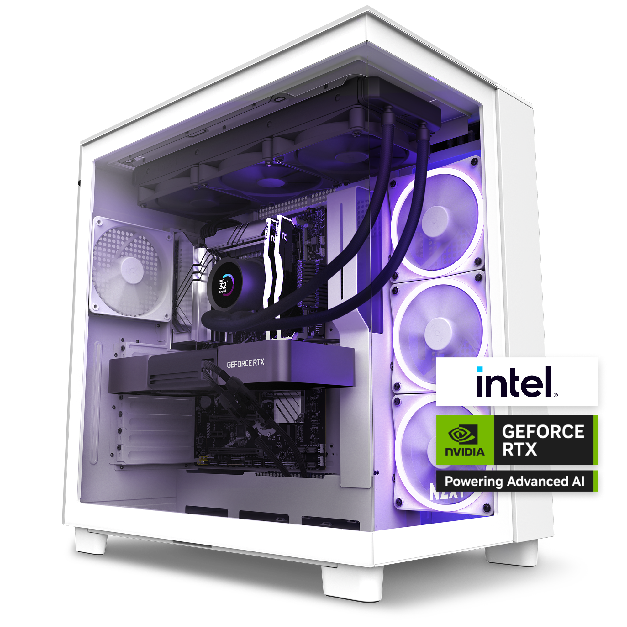 The NZXT Player Three Prime is a white gaming PC case with RGB fans, featuring an Intel Core Ultra 9 285K CPU and NVIDIA GeForce RTX 50 Series GPU for advanced AI and smooth 1440p gaming. Sleek design with visible internal components.