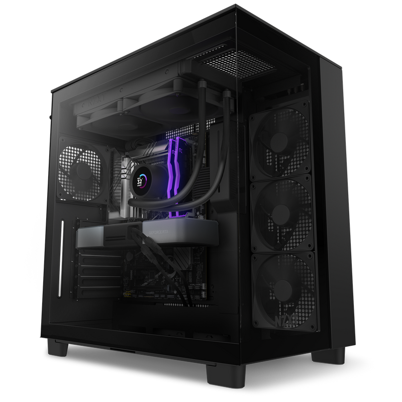 The Refurbished Custom Build - #8334 by NZXT features a black prebuilt case with a transparent side panel showcasing cooling fans, an RGB CPU cooler, graphics card, and motherboard. Cables are neatly managed. Includes a 2-year warranty.