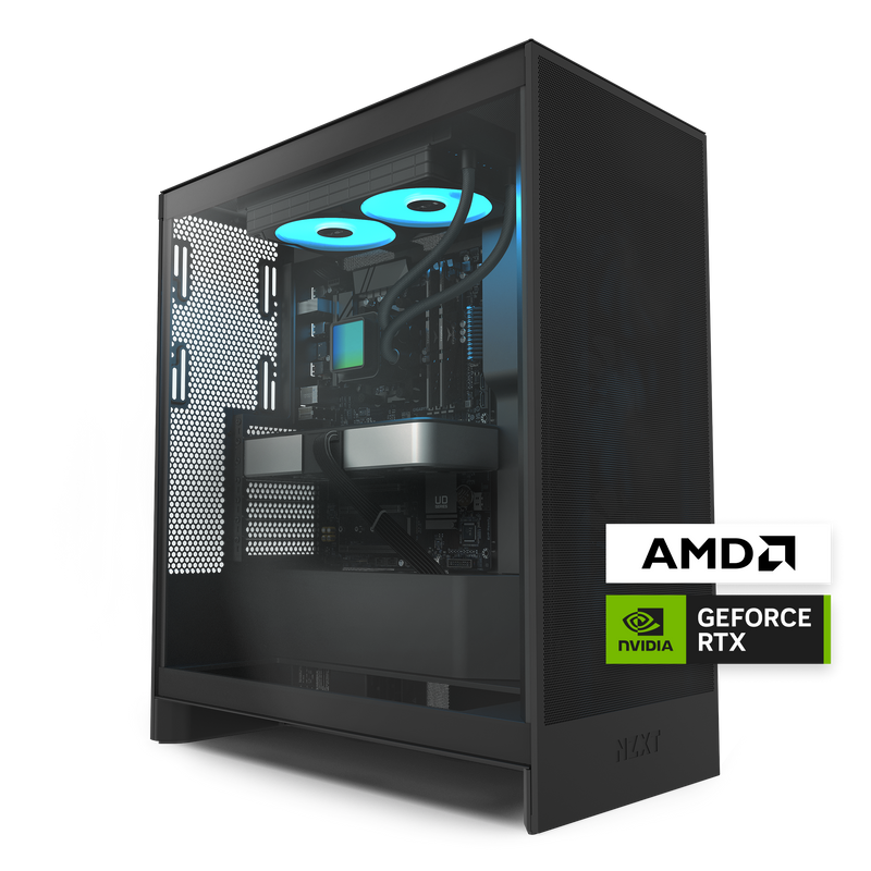 Gaming PC case with AMD and NVIDIA logos on a black background
