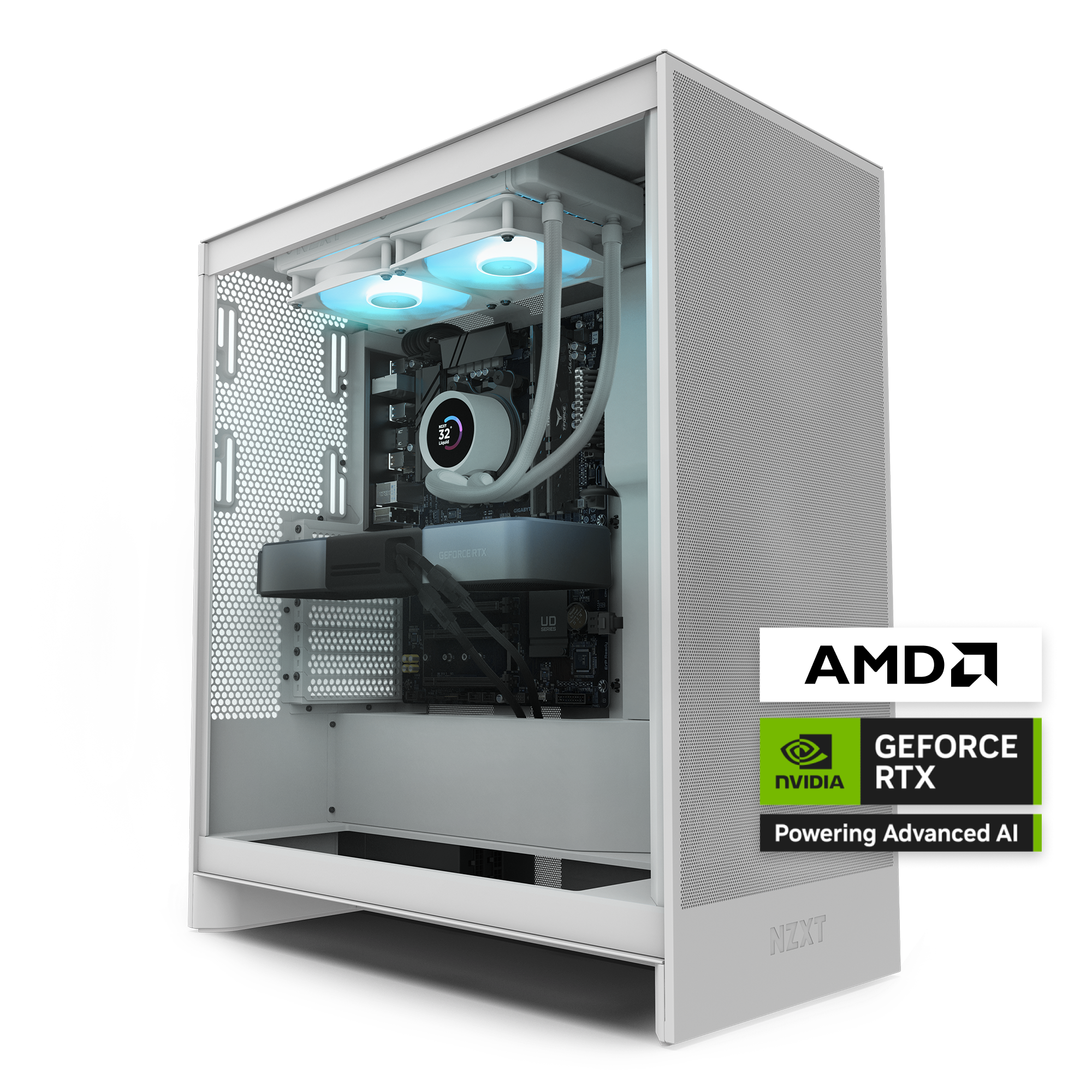 The NZXT Player Two Prime is a white desktop gaming PC with a transparent side panel showcasing advanced liquid cooling, high-end components, an NVIDIA GeForce RTX 5070 Ti GPU, and an AMD processor.