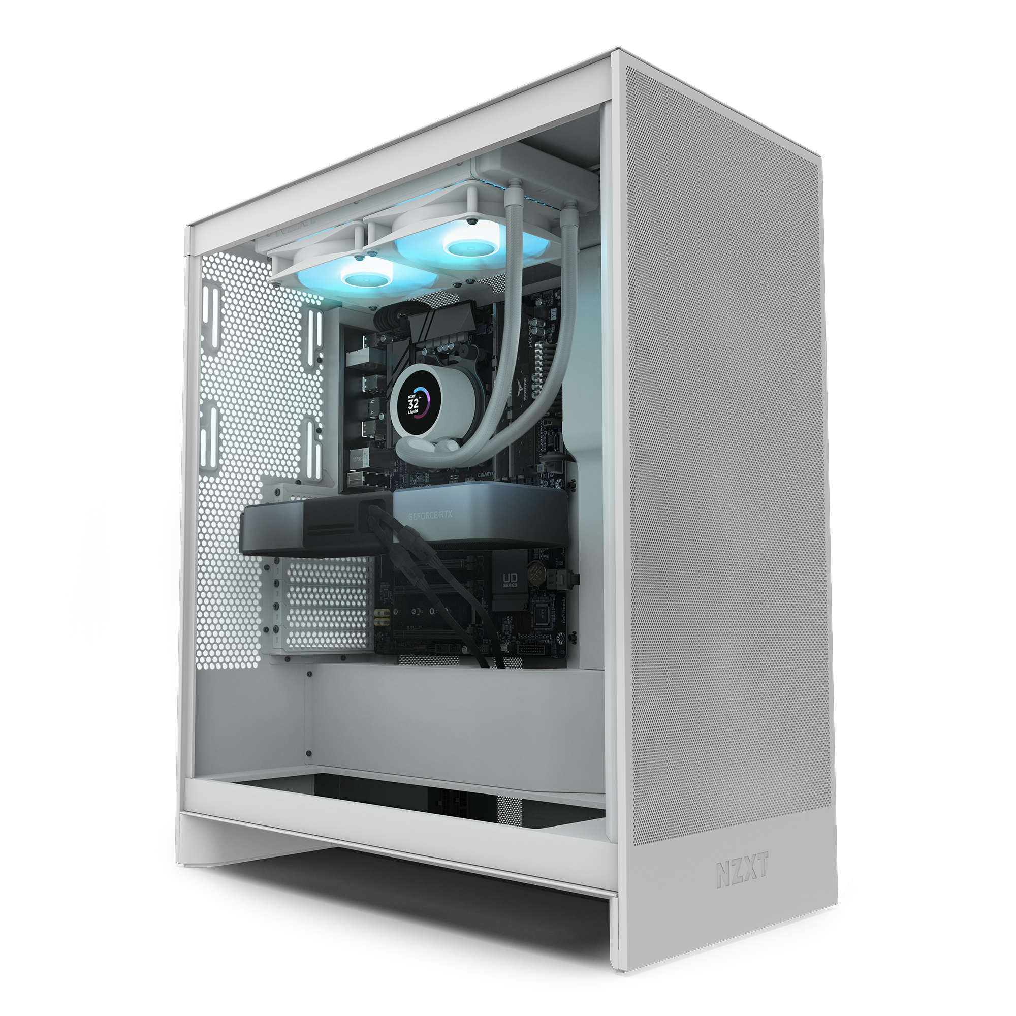 The NZXT Flex Two Prime Subscription PC features a white case with a transparent side panel, displaying cooling fans, graphics card, and LED lighting for a clean and modern high-performance setup.