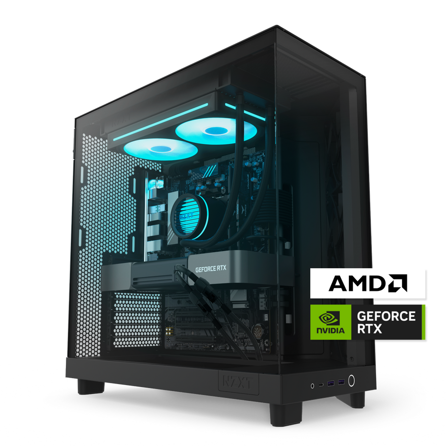 The NZXT Player Two is a modern desktop gaming PC with a glass side panel showing blue LED-lit components. AMD and GeForce RTX 5070 logos highlight its powerful 1440p gaming performance.