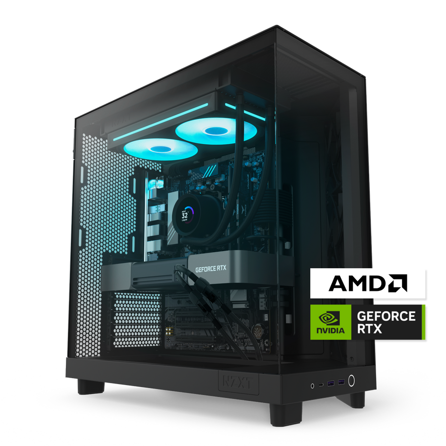 The NZXT Player Two Prime is a sleek gaming PC with a clear side panel highlighting RGB-lit fans, an AMD processor, and an NVIDIA GeForce RTX 5070 Ti—ideal for smooth 1440p gaming. AMD and GeForce RTX logos are featured in the corner.