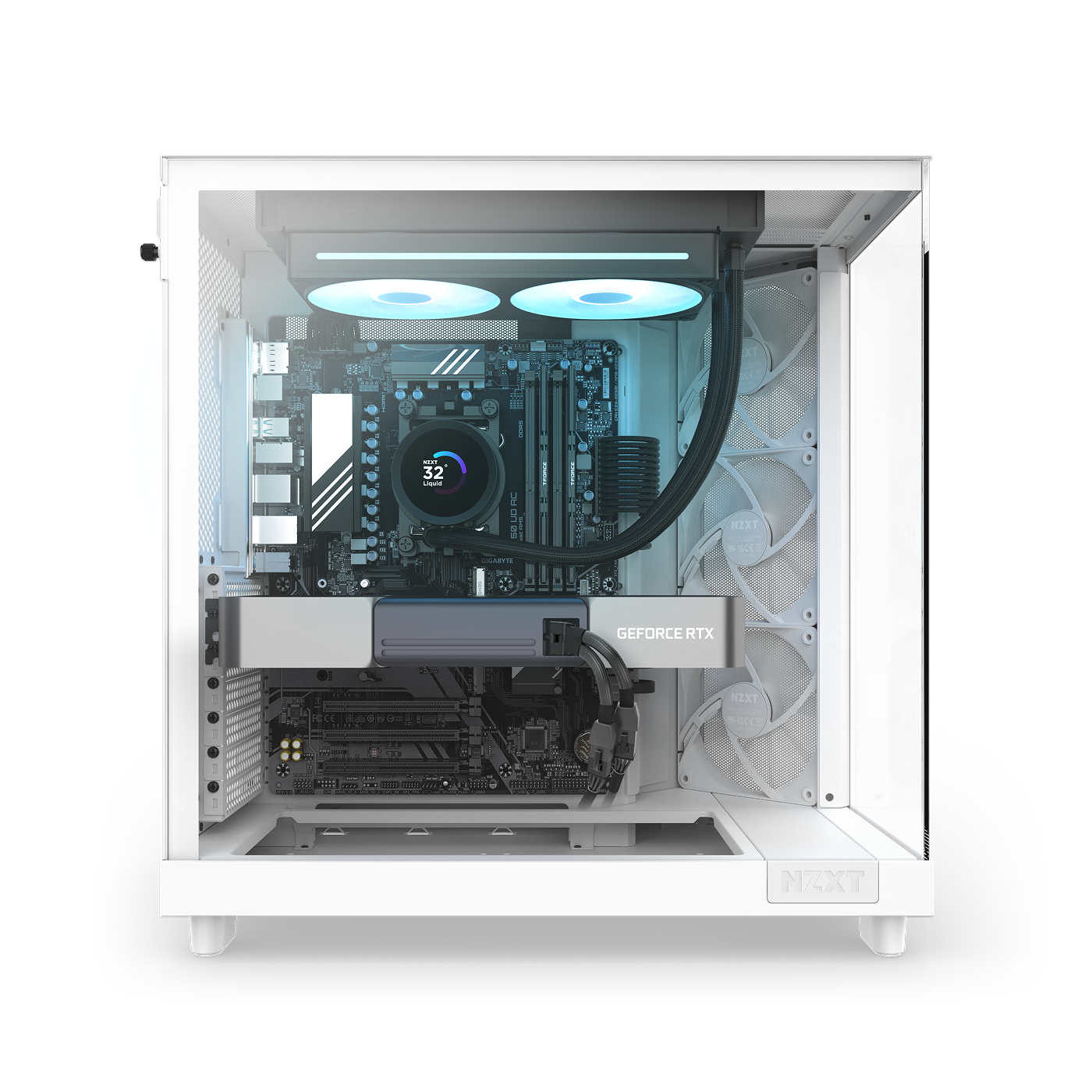 The NZXT Player Two Prime is a white desktop PC with a transparent side panel, showcasing an NVIDIA GeForce RTX 5070 Ti for smooth 1440p gaming, a circular LED CPU cooler, illuminated fans, and tidy cable management.