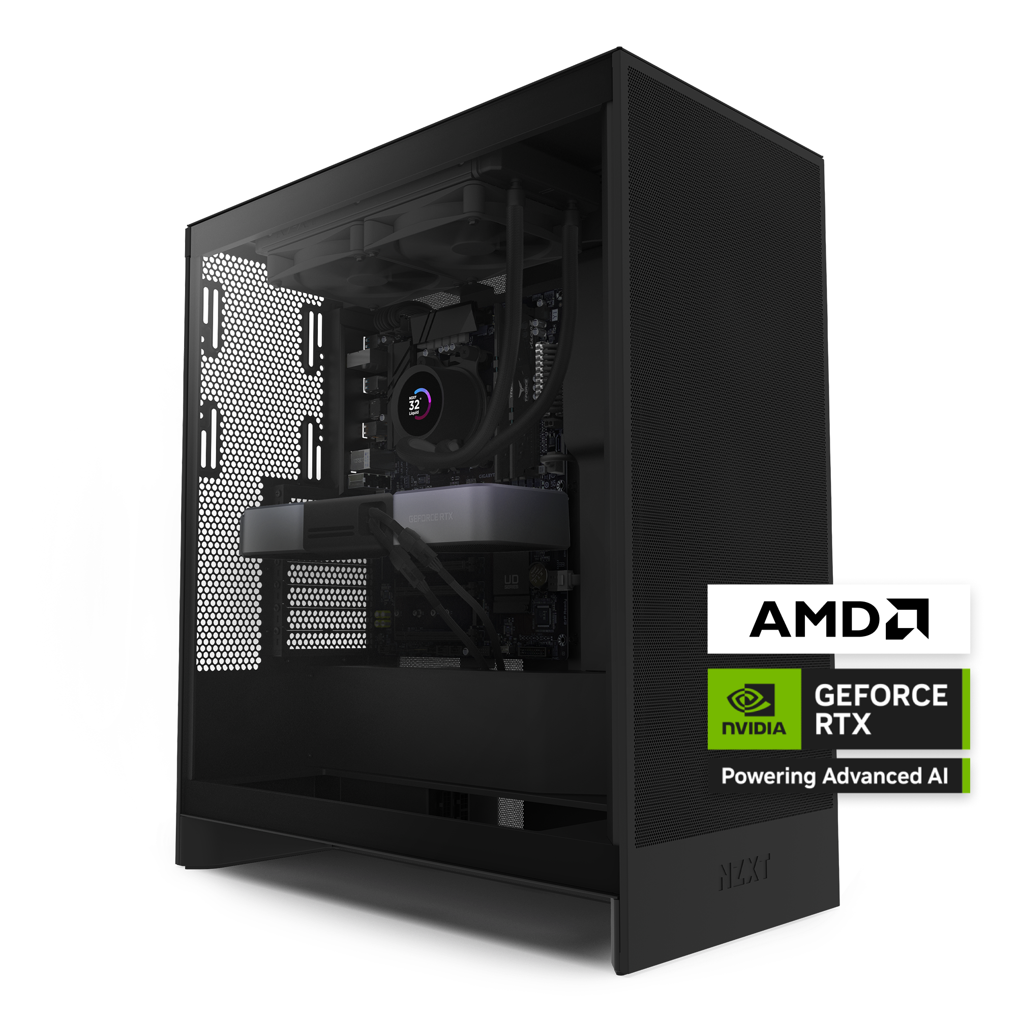 The NZXT Player Two gaming PC in black has a clear side panel showcasing its components, including AIO liquid cooling and an RGB-lit cooler. AMD and NVIDIA GeForce RTX badges with real-time ray tracing appear in the foreground.
