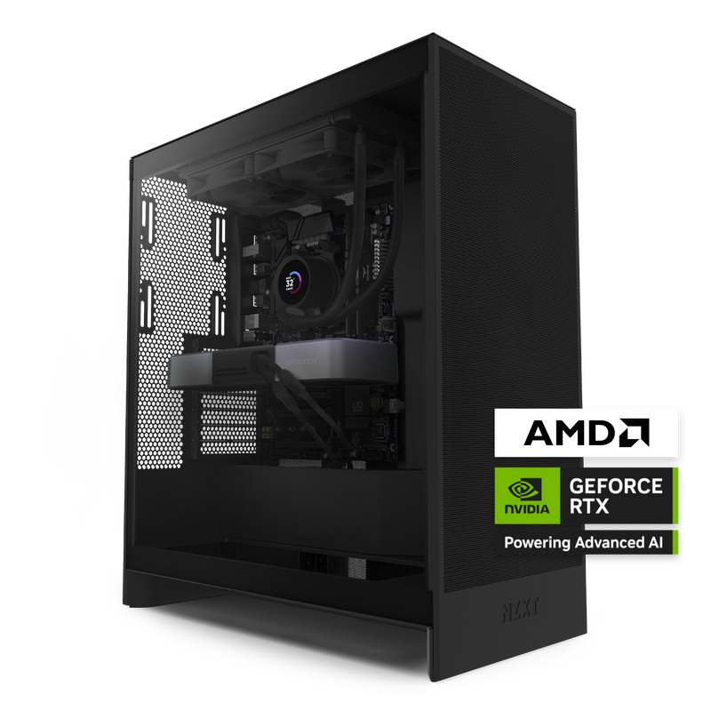 The NZXT Player Two gaming PC in black has a clear side panel showcasing its components, including AIO liquid cooling and an RGB-lit cooler. AMD and NVIDIA GeForce RTX badges with real-time ray tracing appear in the foreground.