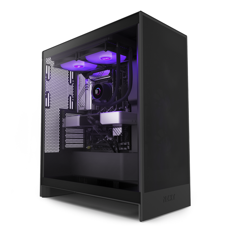 The NZXT Refurbished Player Three Base - #8612 is a black gaming PC tower with a transparent side panel, purple LED-lit fans, and a liquid-cooled CPU. Experience top performance with this Certified Refurbished PC.
