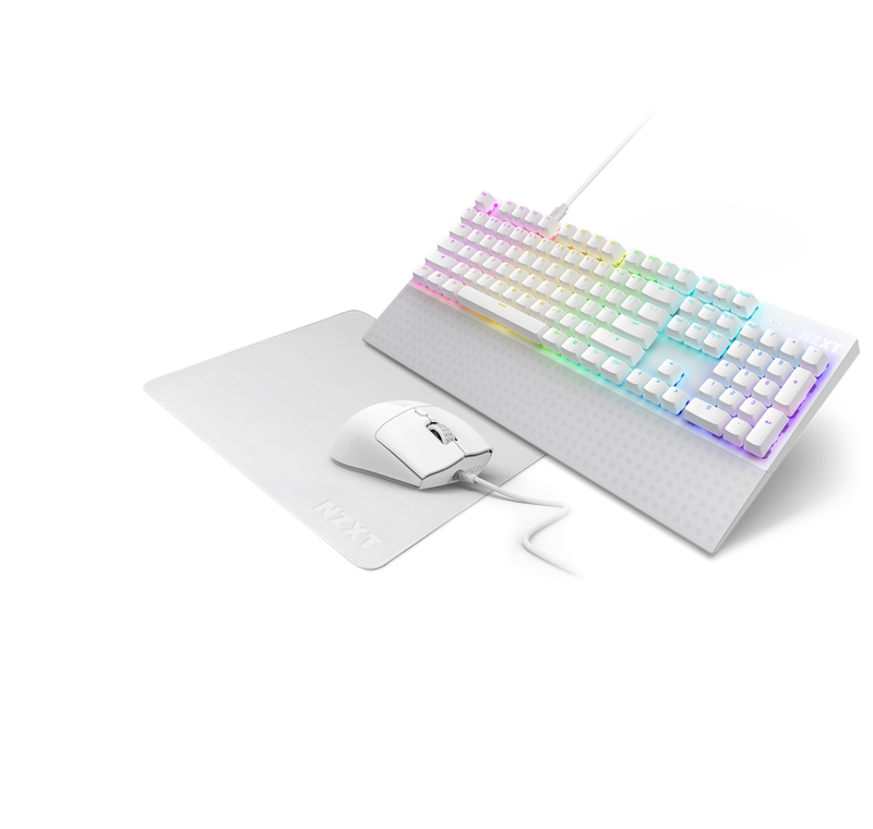 The NZXT Function 2 keyboard and Lift 2 Ergo mouse, both in white, sit side by side on a large white MMP400 mouse pad with visible white cables. Pastel RGB lighting and Swift Optical Switches complete the setup.