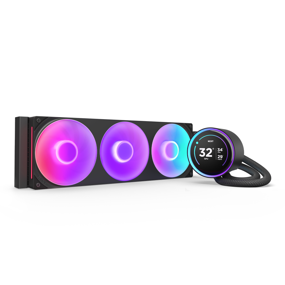 The NZXT Kraken Elite 360 RGB is a liquid cooling system with three RGB fans, a round RGB display on the pump for temperature info, and durable braided tubing.