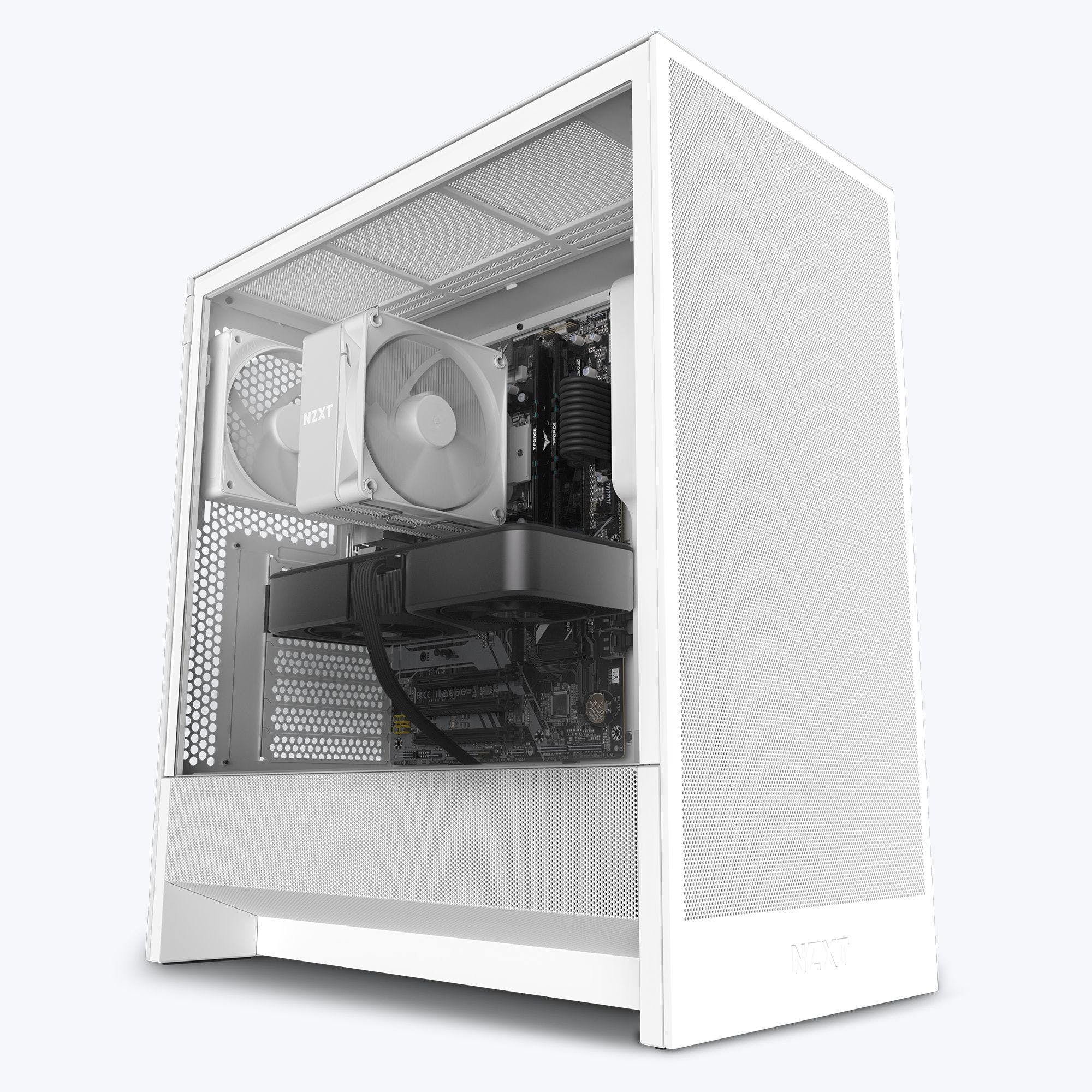 The Refurbished Player One Base - #8577 by NZXT is a white PC case with a transparent side panel, revealing cooling fans, graphics card, and clean interior—perfect for prebuilt PCs and comes with a 2-year warranty.