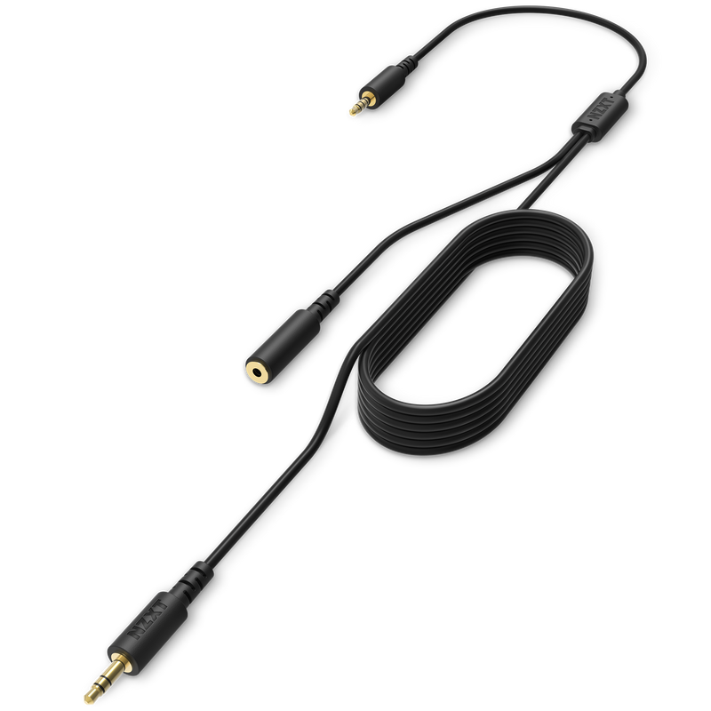 The NZXT Chat Cable is a black, flat audio extension cable with a 3.5mm male connector, 3.5mm female jack, and extra short auxiliary male plug—perfect for party chat or plug-and-play setups.