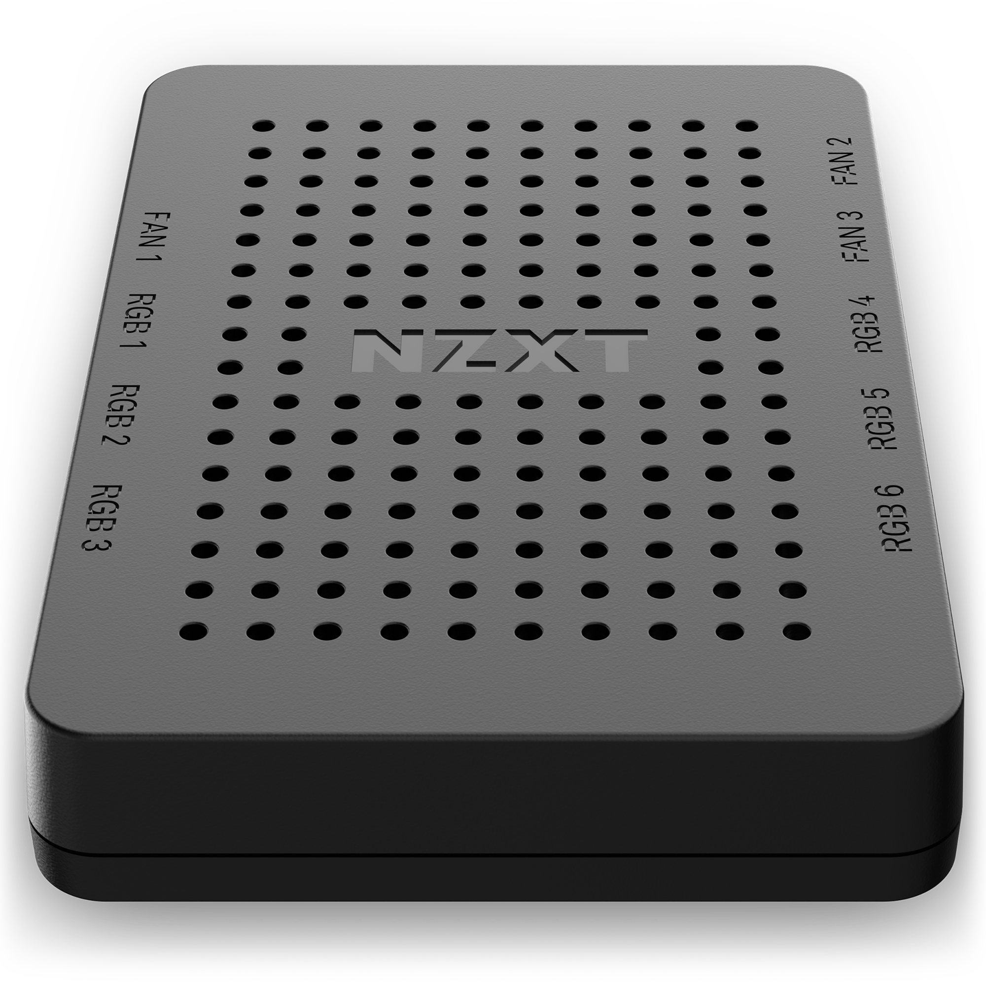 The NZXT RGB & Fan Controller (2022) is a black, rectangular device with rounded edges, a perforated top, and clearly labeled side ports for connecting PWM fans and RGB lighting.