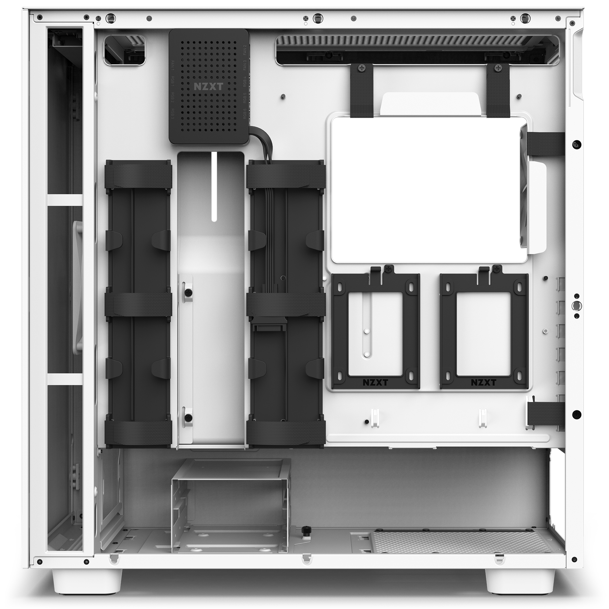 The NZXT RGB & Fan Controller (2022) features multiple ports for RGB lighting and fan control, a sleek black design with NZXT branding, and provides efficient cable management for custom PC builds.
