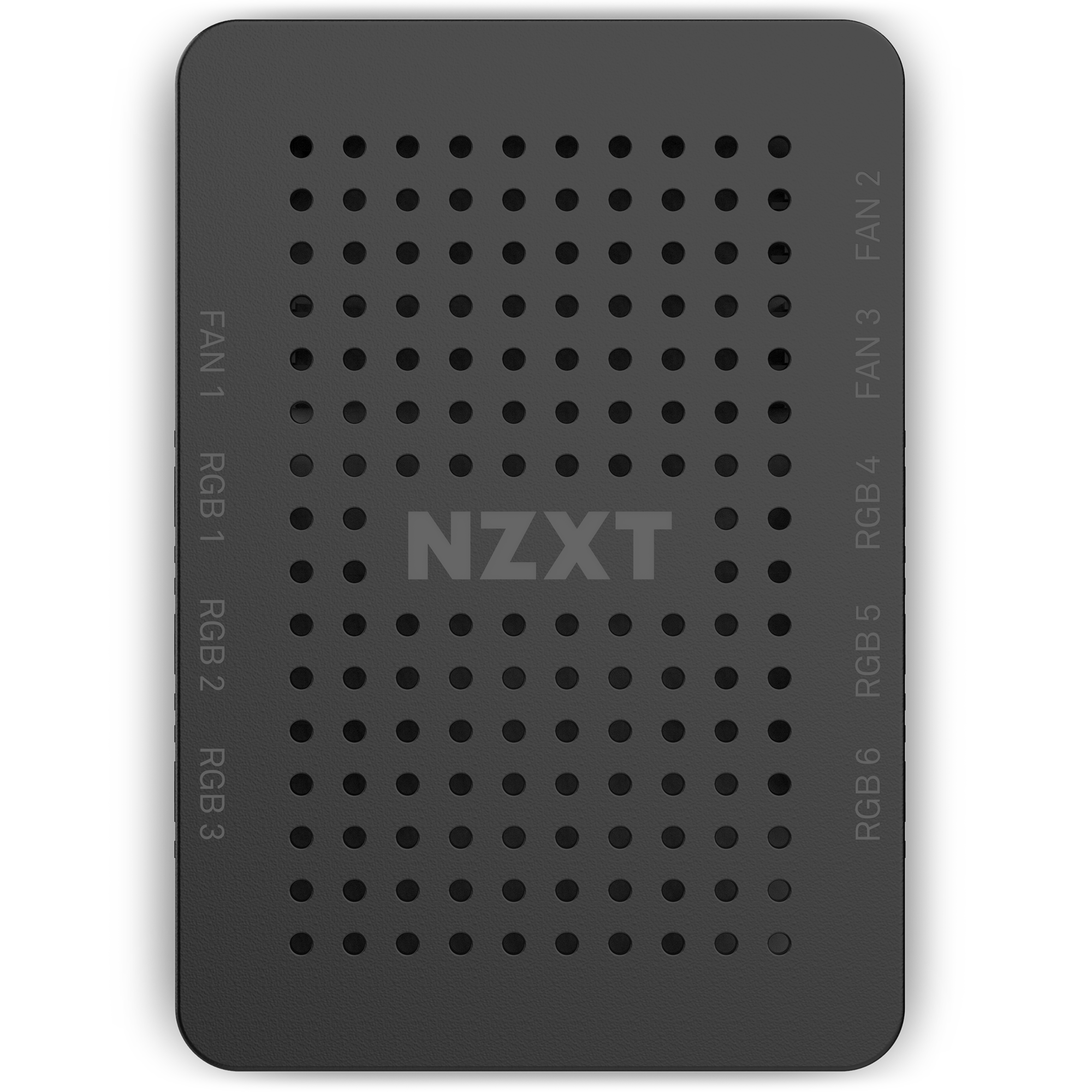 The NZXT RGB & Fan Controller (2022) is a black rectangular device with a grid of circular holes, numbered FAN and RGB ports (1–6), designed for easy fan control and seamless RGB lighting customization.