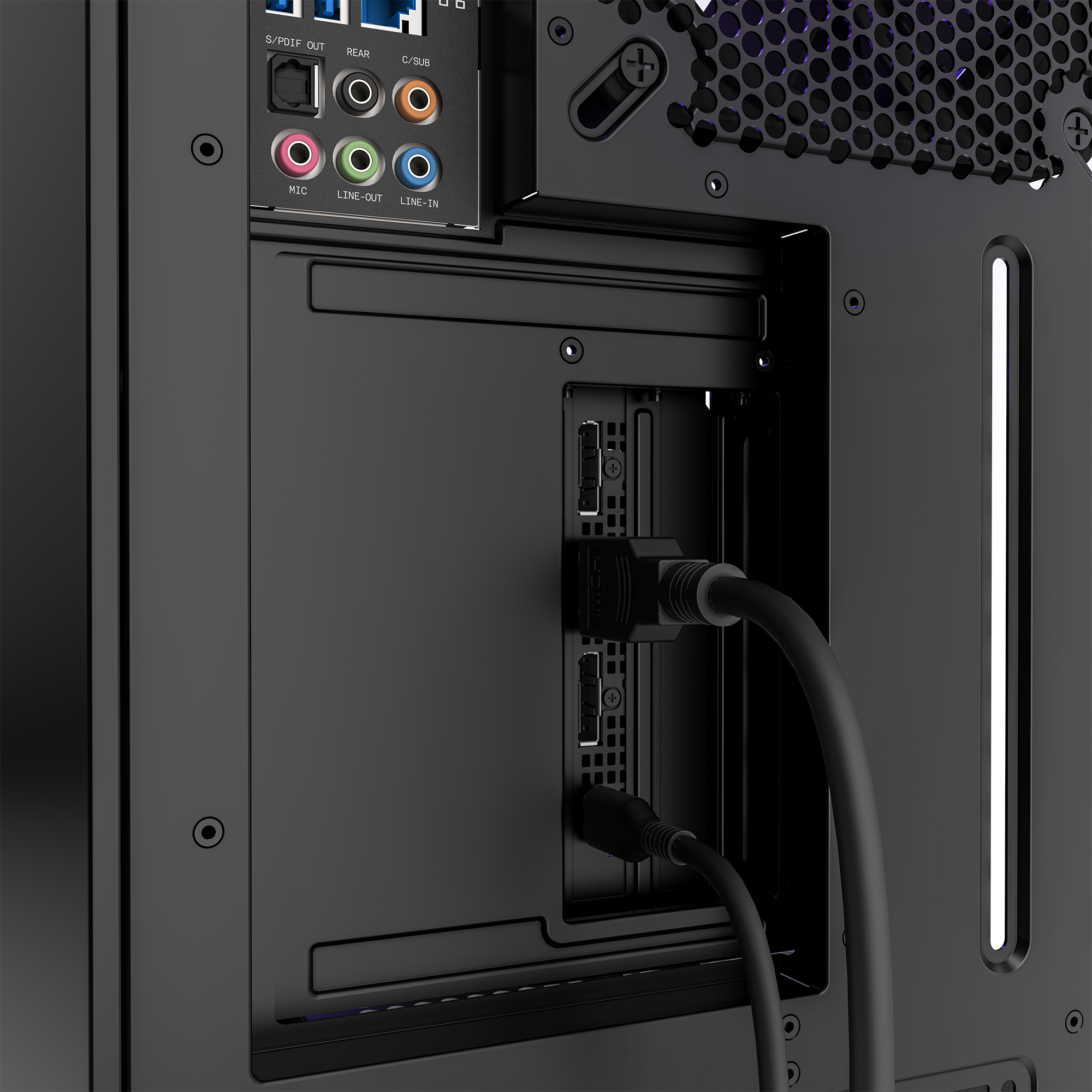 Close-up of an NZXT Vertical GPU Mounting Kit installed in an H5/H6/H7/H9 Series case, showing HDMI and power cables connected to a vertically mounted GPU via PCIe 4.0 riser cable, with visible ports and part of the case.