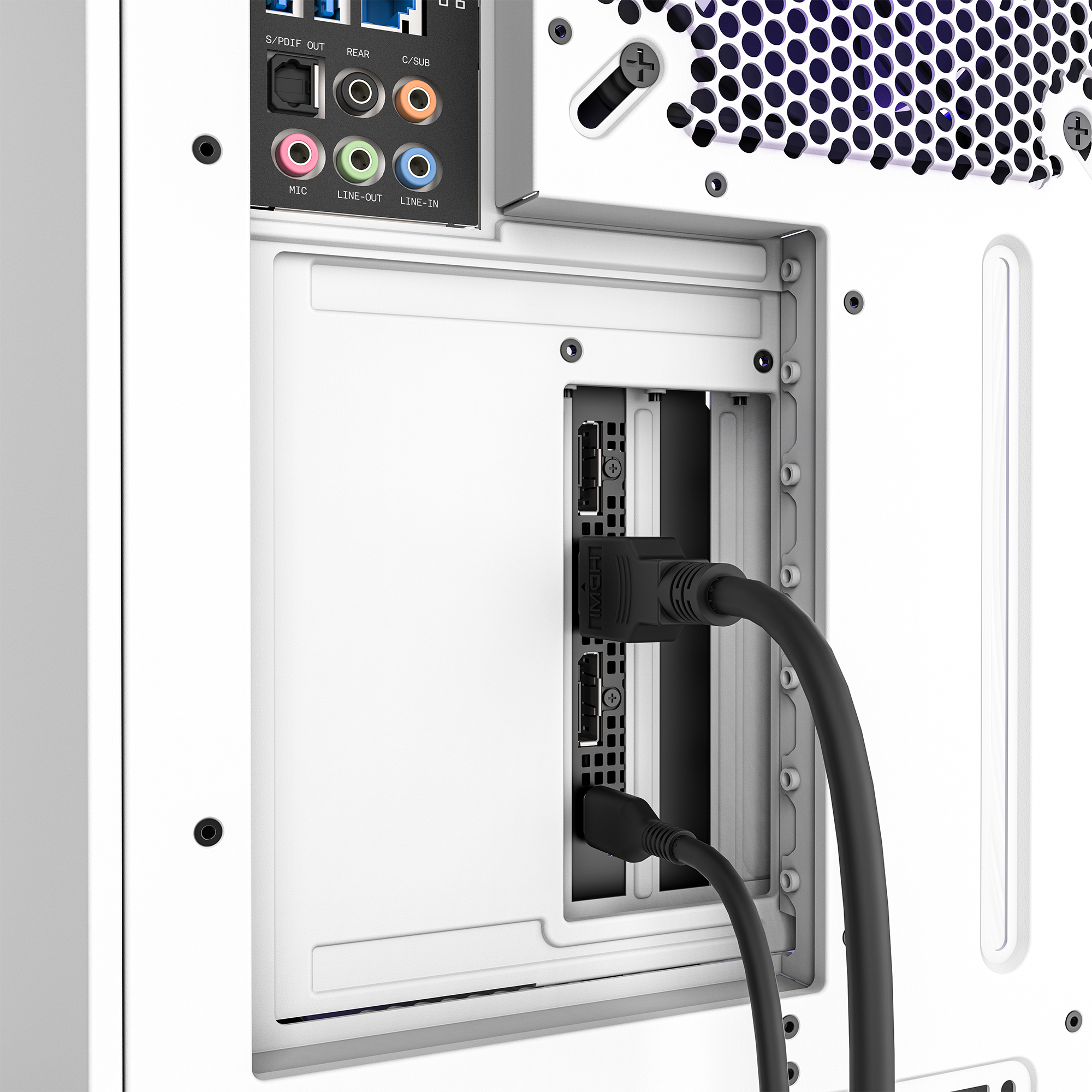Close-up of the NZXT Vertical GPU Mounting Kit installed in an H7 Series case, showing two cables plugged into a vertically mounted GPU via PCIe 4.0 riser cable, with audio and USB ports visible above.